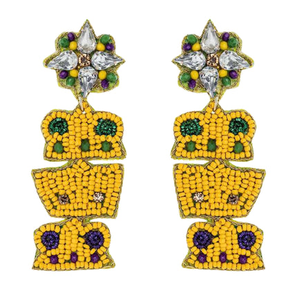 Mardi Gras Beaded Crown Iconic Handmade Festive Statement Dangle Earrings