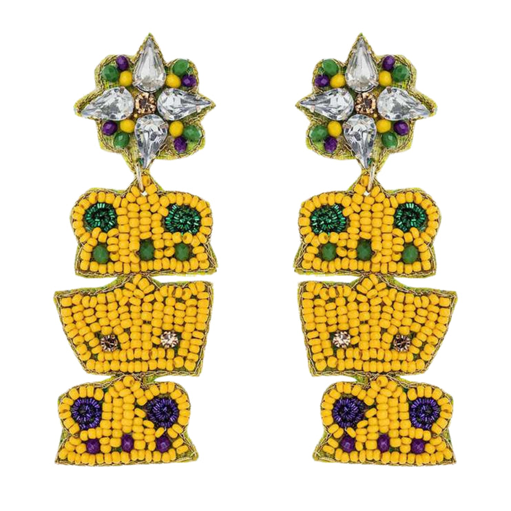 Mardi Gras Beaded Crown Iconic Handmade Festive Statement Dangle Earrings