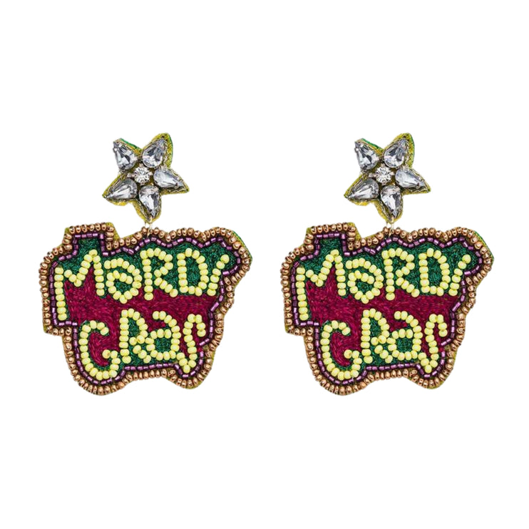 Mardi Gras Star Beaded Handmade Festive Statement Dangle Earrings