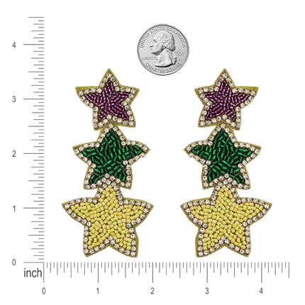 Mardi Gras Triple Star Beaded Handmade Festive Statement Drop Earrings