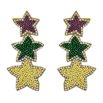 Mardi Gras Triple Star Beaded Handmade Festive Statement Drop Earrings