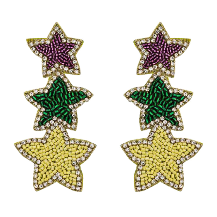 Mardi Gras Triple Star Beaded Handmade Festive Statement Drop Earrings