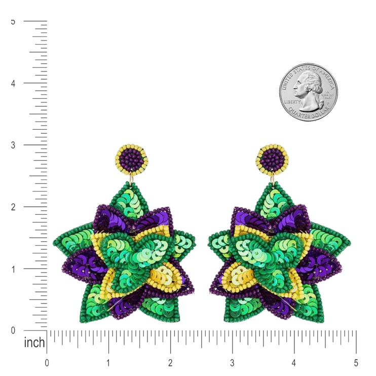 Mardi Gras Flower Sequin Handmade Festive Statement Drop Earrings