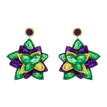 Mardi Gras Flower Sequin Handmade Festive Statement Drop Earrings