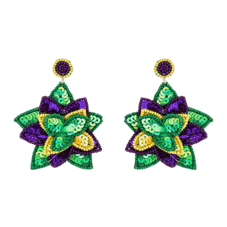 Mardi Gras Flower Sequin Handmade Festive Statement Drop Earrings