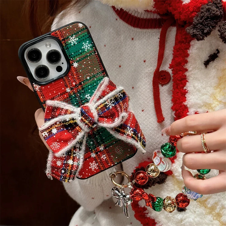 Christmas Holiday Bow Design Phone Case with Keychain Wristlet Strap