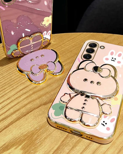 Cute Rabbit Phone Case Cover with Flower Strap & Mirror Stand Holder for Samsung