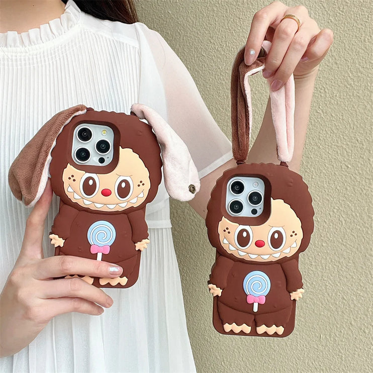 Cute 3D Labubu Fun Ear Closure Carrier Phone Case Cover for iPhone