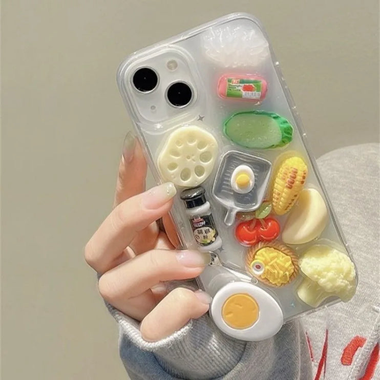 Fun 3D Food Themed Steak Vegetables Clear Protective Phone Case Cover for iPhone