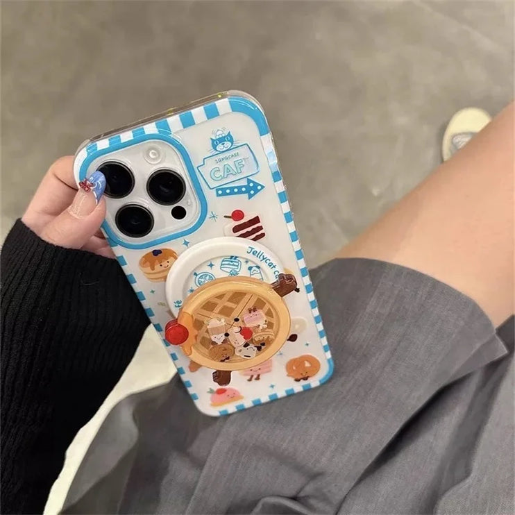 Cute Waffle Cake Magnetic Holder MagSafe Wireless Charging Phone Case for iPhone