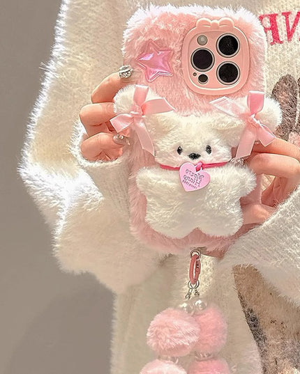 Cute Adorable Soft Pink 3D Plush Bear Wristlet Strap Phone Case Cover for iPhone