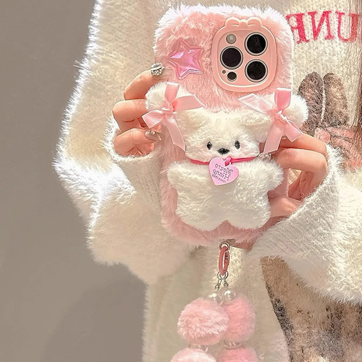 Cute Adorable Soft Pink 3D Plush Bear Wristlet Strap Phone Case Cover for iPhone