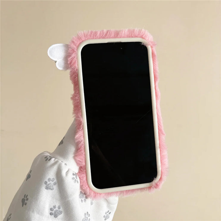 Cute Soft Fluffy Plush Hello Kitty Heart Phone Case Cover for iPhone