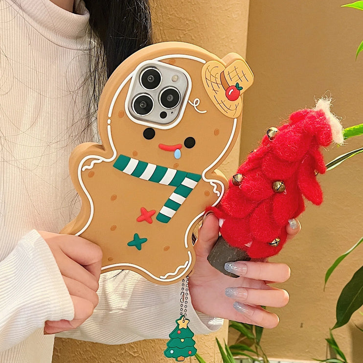 Cute Fun 3D Gingerbread Man Phone Case Cover with Christmas Charm for iPhone