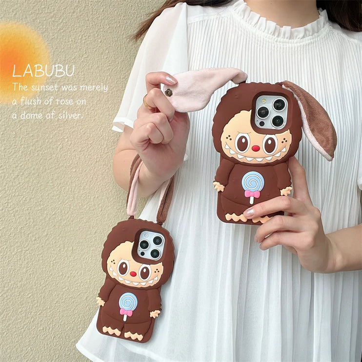 Cute 3D Labubu Fun Ear Closure Carrier Phone Case Cover for iPhone