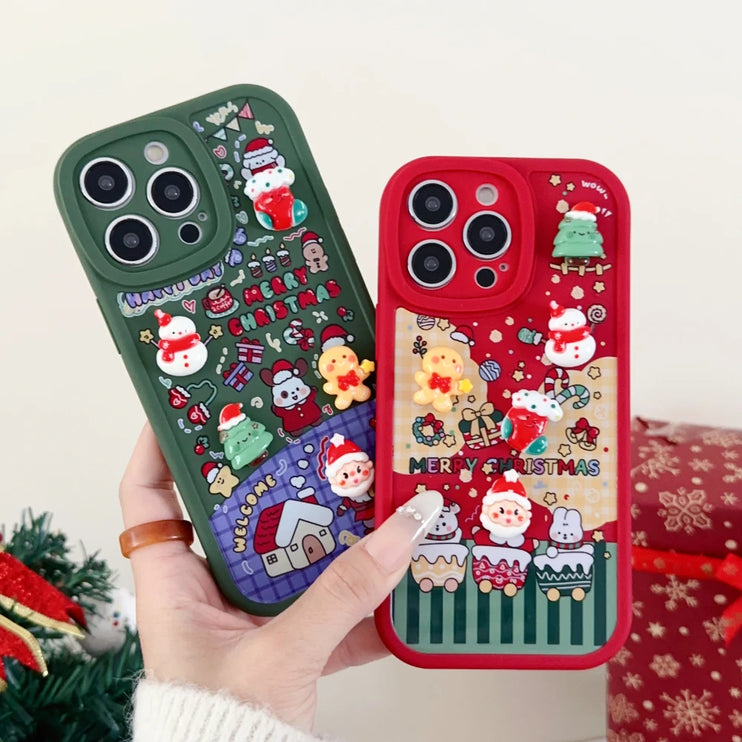 3D Cartoon Christmas Phone Case with Santa Claus Reindeer Festive Design for iPhone