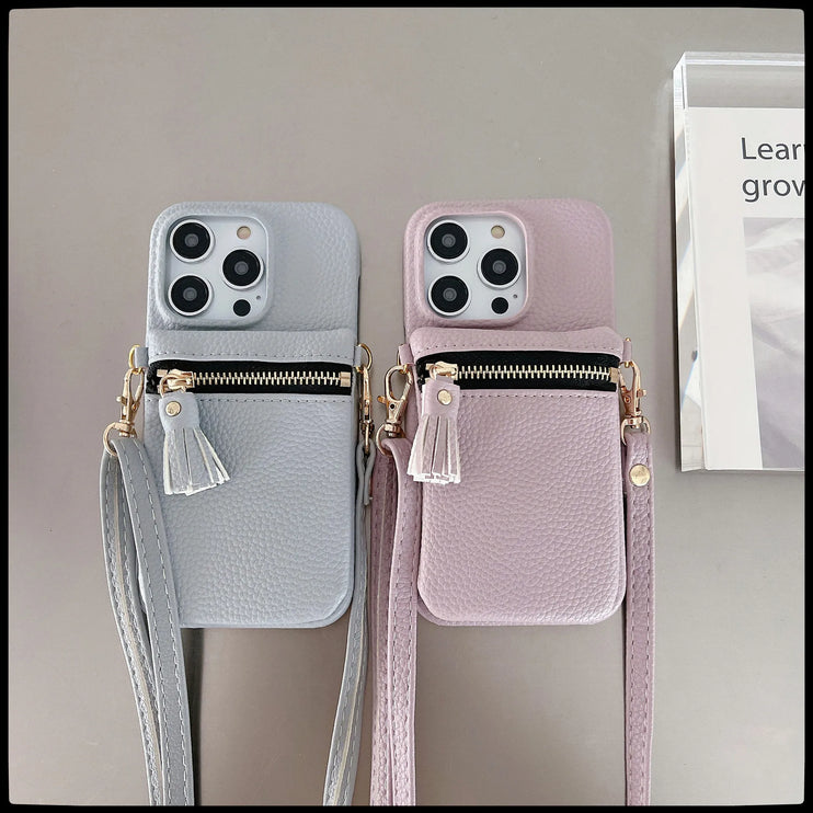 Classic Zipper Wallet Leather Crossbody Phone Case Cover for iPhone