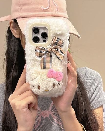 Cute Soft Fluffy Plush Hello Kitty Bow Phone Case Cover for iPhone