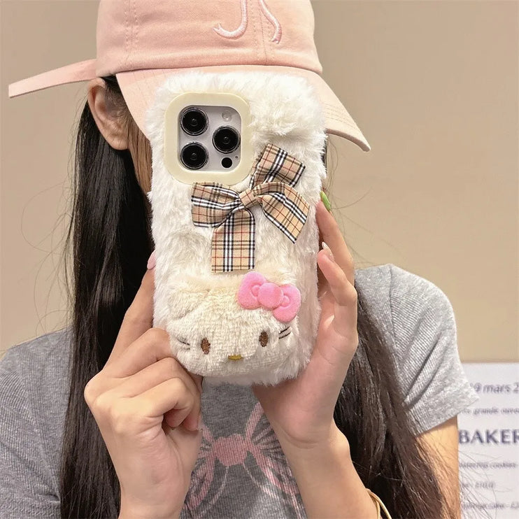 Cute Soft Fluffy Plush Hello Kitty Bow Phone Case Cover for iPhone