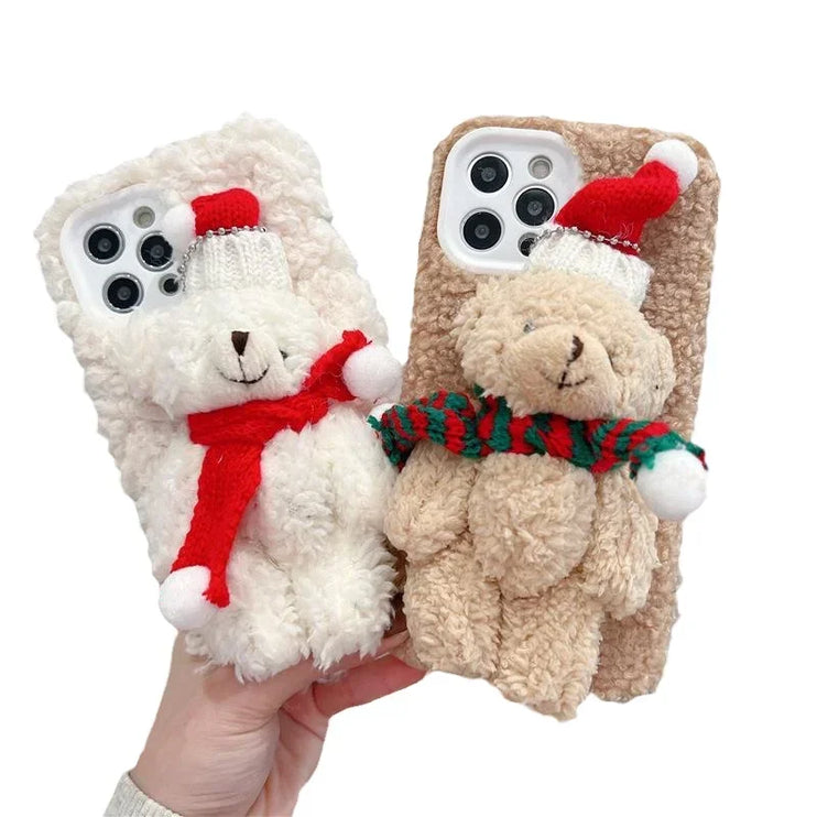 Cute Soft Plush Christmas Holiday Bear Reindeer Phone Case Cover iPhone