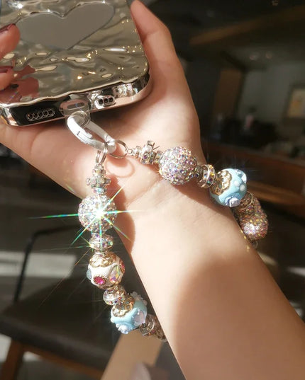 Luxurious Rhinestone Beaded Phone Wrist Strap - Sparkling Heart & Ball Chain