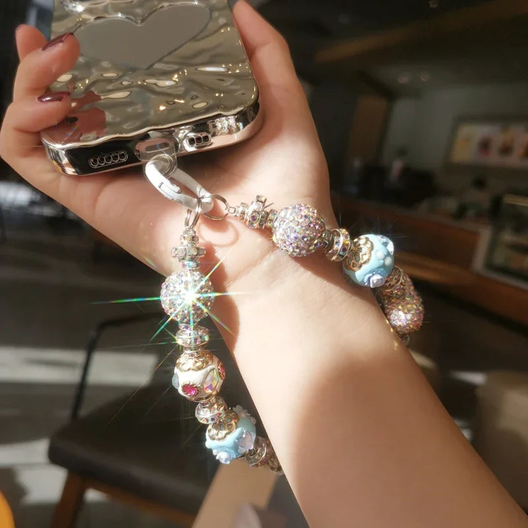 Luxurious Rhinestone Beaded Phone Wrist Strap - Sparkling Heart & Ball Chain