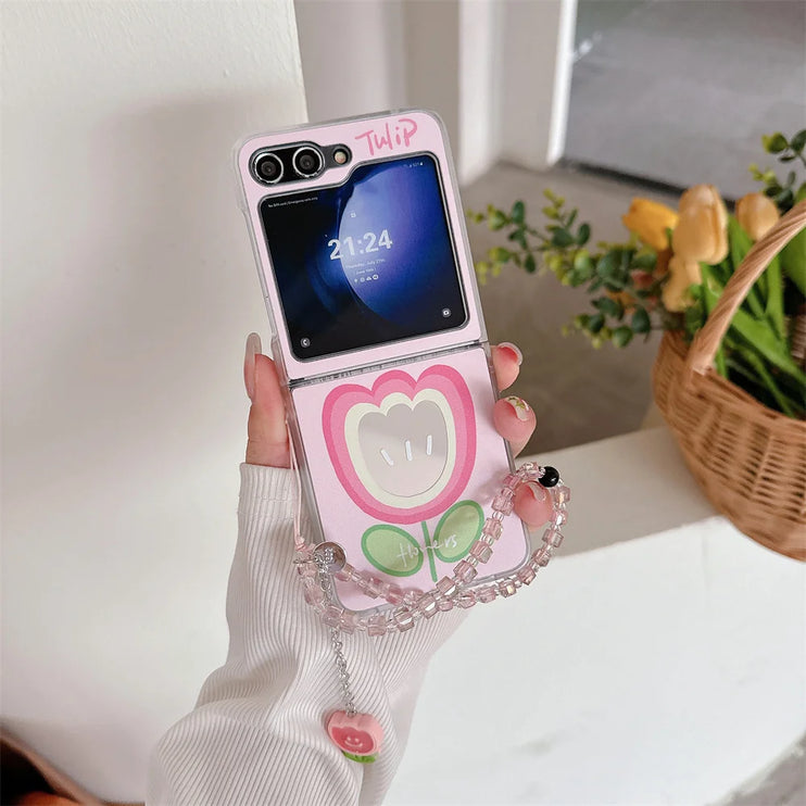 Cute Cartoon Designs Mirror Wristlet Strap Phone Case Cover for Samsung Z Flip