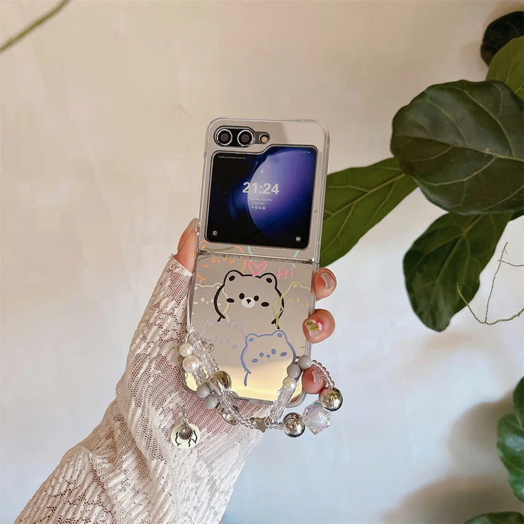 Cute Cartoon Designs Mirror Wristlet Strap Phone Case Cover for Samsung Z Flip