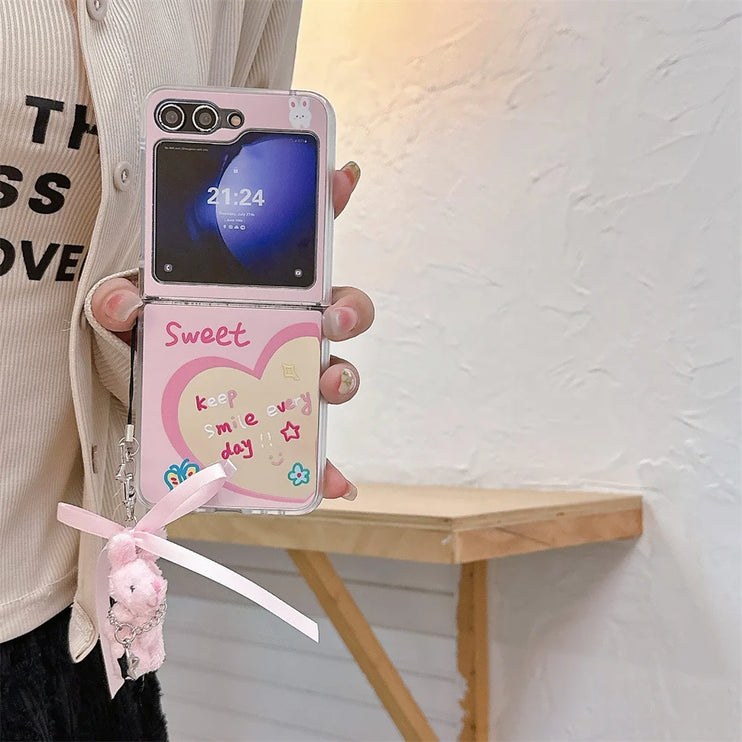 Cute Cartoon Designs Mirror Wristlet Strap Phone Case Cover for Samsung Z Flip