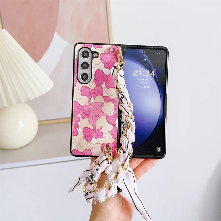 Cute Bear PU Leather Handbag Style Phone Case with Scarf & Chain Wrist Strap for Samsung Z Fold Series