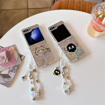 Cute Cartoon Designs Mirror Wristlet Strap Phone Case Cover for Samsung Z Flip