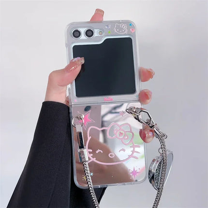 Luxury Hello Kitty Mirror Design Wristlet Strap Phone Case Cover for Samsung Z Flip