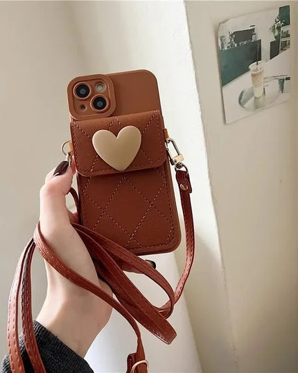 Cute 3D Heart Card Holder Wallet Crossbody Phone Case Cover for iPhone