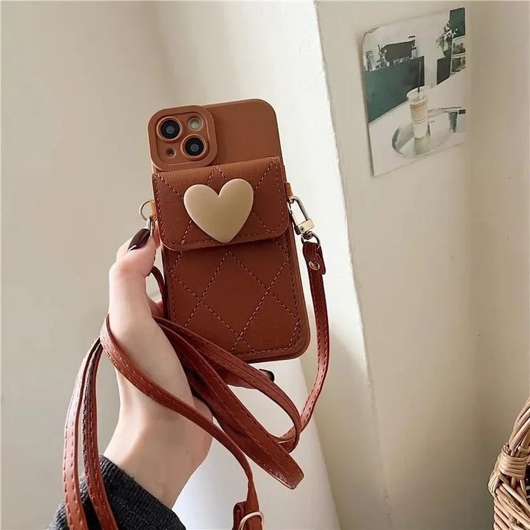 Cute 3D Heart Card Holder Wallet Crossbody Phone Case Cover for iPhone