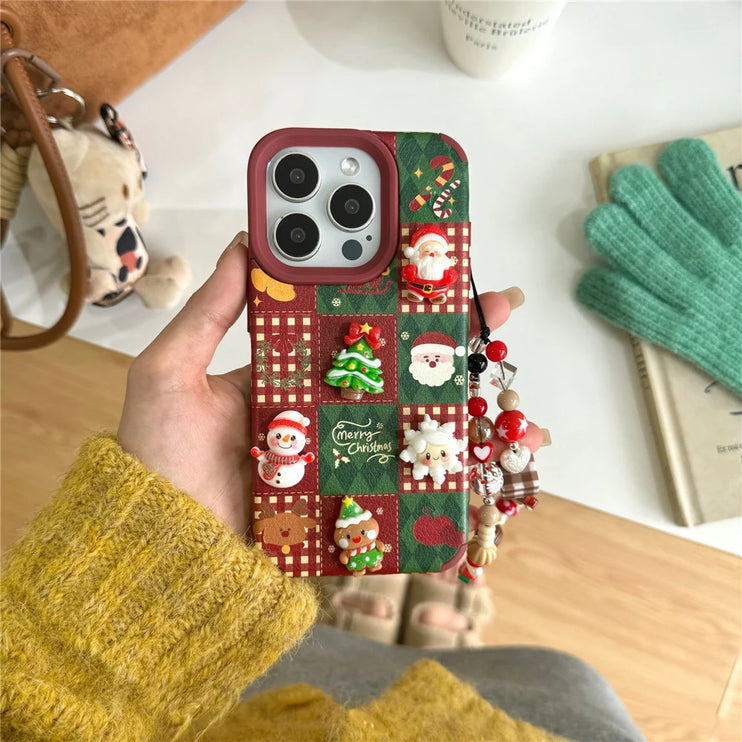 Cute Cartoon Christmas Santa Elk Charm Wristlet Strap Phone Case Cover for iPhone