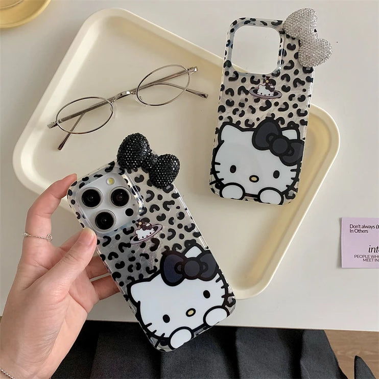 Adorable Hello Kitty Bowknot Leopard Animal Print Phone Case Cover for iPhone