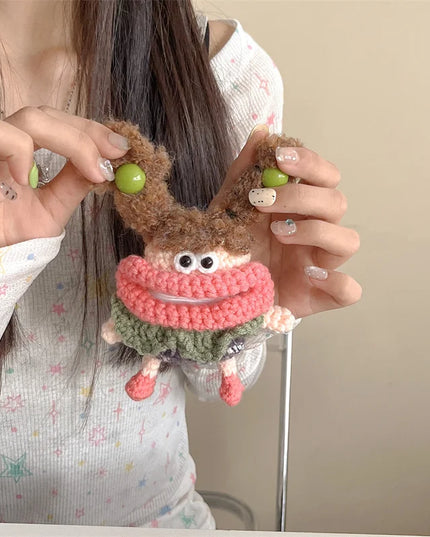 Cute Long Pigtails Knitted Wool Plush Girl Earphone Headphone Case Cover AirPods