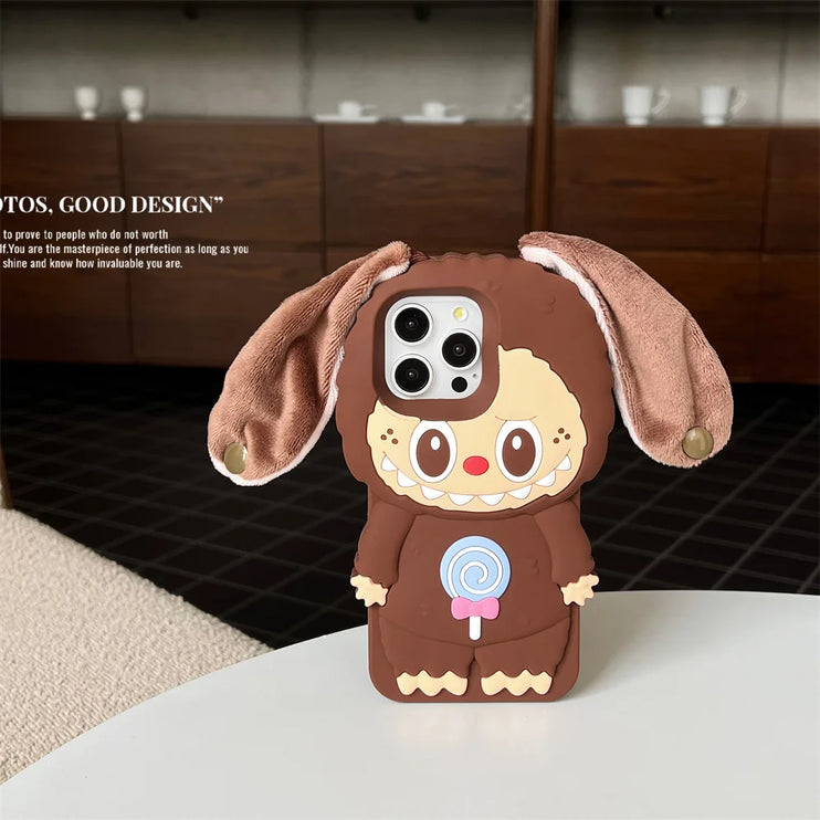 Cute 3D Labubu Fun Ear Closure Carrier Phone Case Cover for iPhone