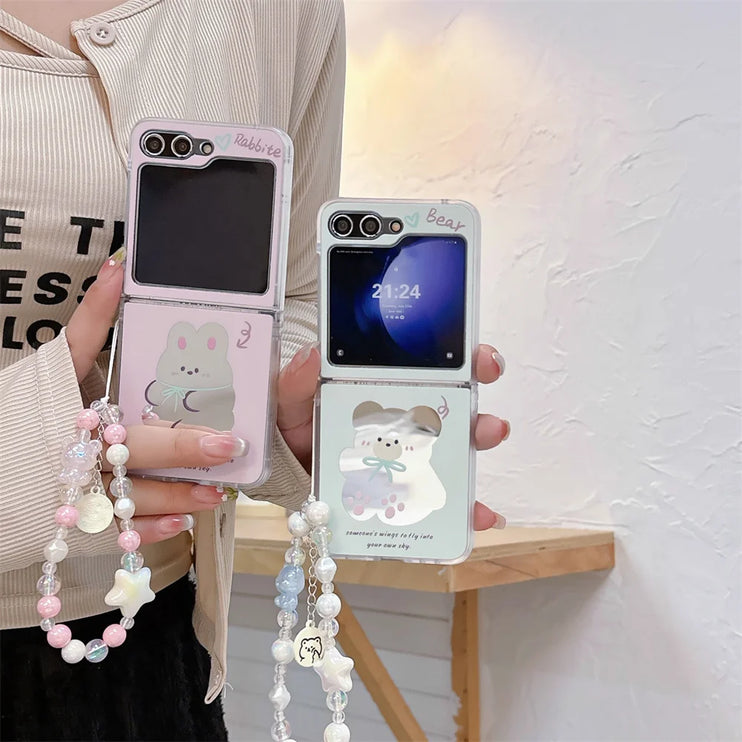 Cute Cartoon Designs Mirror Wristlet Strap Phone Case Cover for Samsung Z Flip