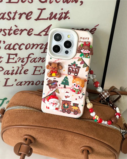 Cute Cartoon Christmas Santa Elk Charm Wristlet Strap Phone Case Cover for iPhone