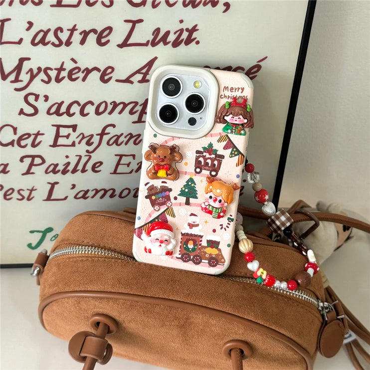 Cute Cartoon Christmas Santa Elk Charm Wristlet Strap Phone Case Cover for iPhone