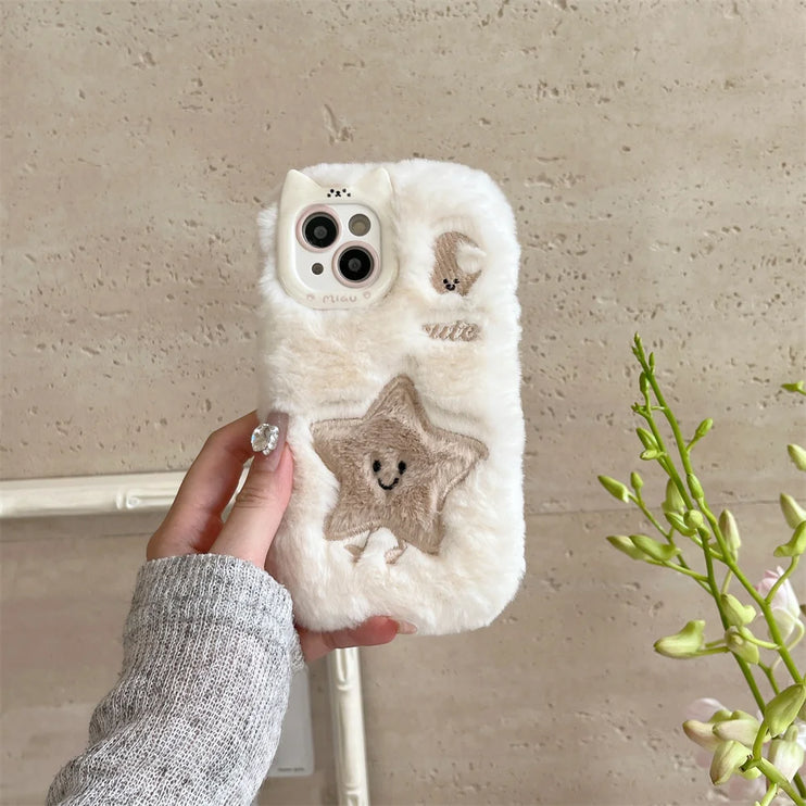 Cute Soft Furry Fluffy Plush Star Moon Phone Case Cover for iPhone