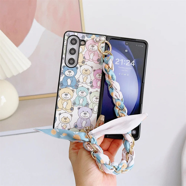 Cute Bear PU Leather Handbag Style Phone Case with Scarf & Chain Wrist Strap for Samsung Z Fold Series