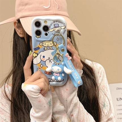 Adorable 3D Sanrio Kuromi My Melody Wavy Design Wrist Strap Phone Case Cover for iPhone