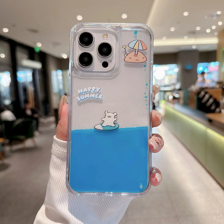 Fun Unique Cute Puppy Ocean Surfing Quicksand Liquid Phone Case Cover For iPhone