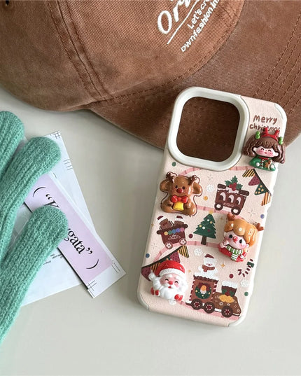 Cute Cartoon Christmas Santa Elk Charm Wristlet Strap Phone Case Cover for iPhone