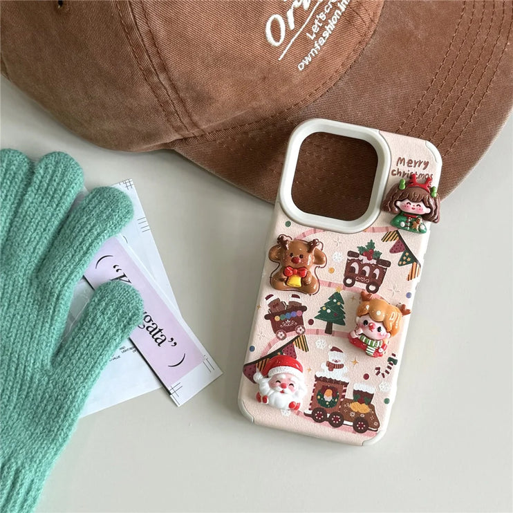 Cute Cartoon Christmas Santa Elk Charm Wristlet Strap Phone Case Cover for iPhone