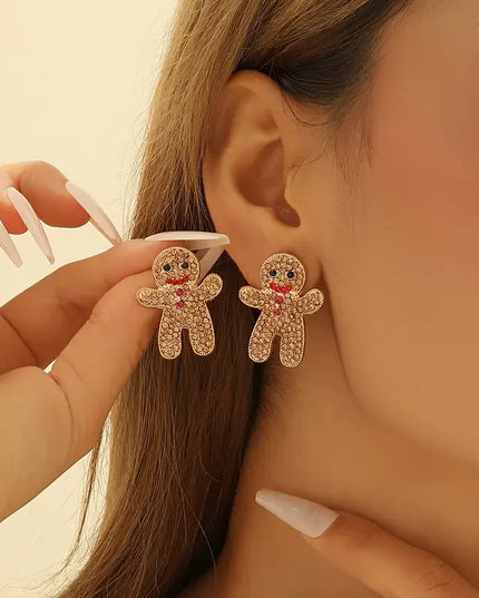 Cute Adorable Gingerbread Man Christmas Holiday Crystal Rhinestone Fashion Stud Earring