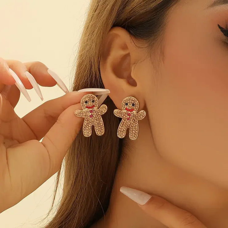 Cute Adorable Gingerbread Man Christmas Holiday Crystal Rhinestone Fashion Stud Earring