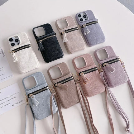 Classic Zipper Wallet Leather Crossbody Phone Case Cover for iPhone